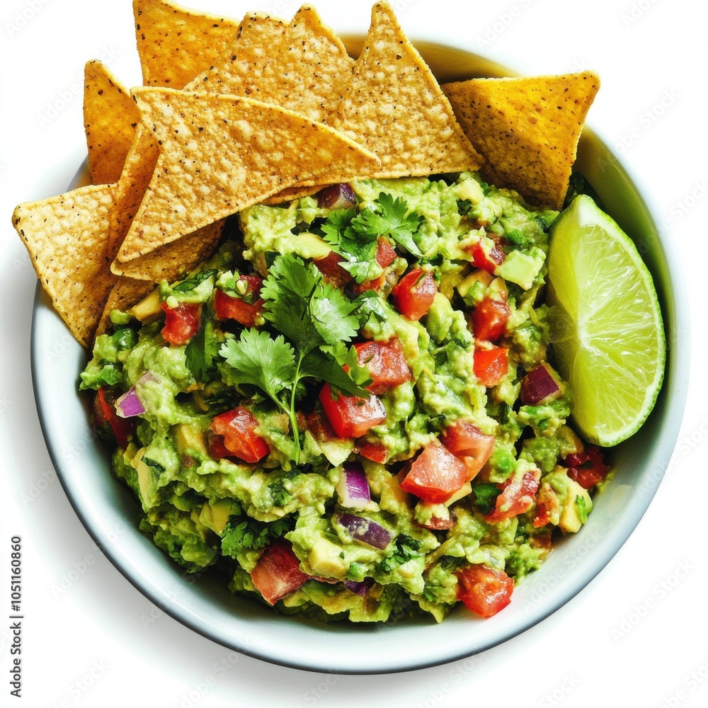 A bowl of fresh guacamole with chunks of avocado, tomatoes, and cilantro A bowl of fresh guacamole with chunks of avocado, tomatoes, and cilantro