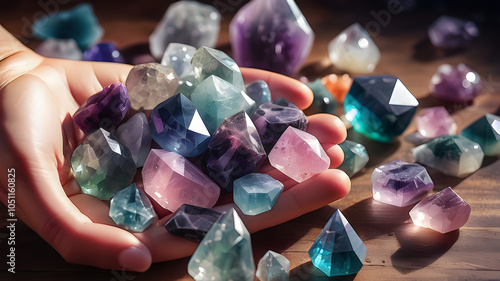 Semi precious stones. Magic crystals, spiritual esoteric practice for relax and meditation.  AI generated image, ai photo