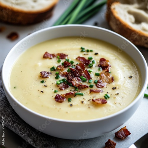 Wallpaper Mural A bowl of rich and creamy potato leek soup garnished with crispy bacon bits and chives, served in a white ceramic bowl, Potato leek soup centered Torontodigital.ca