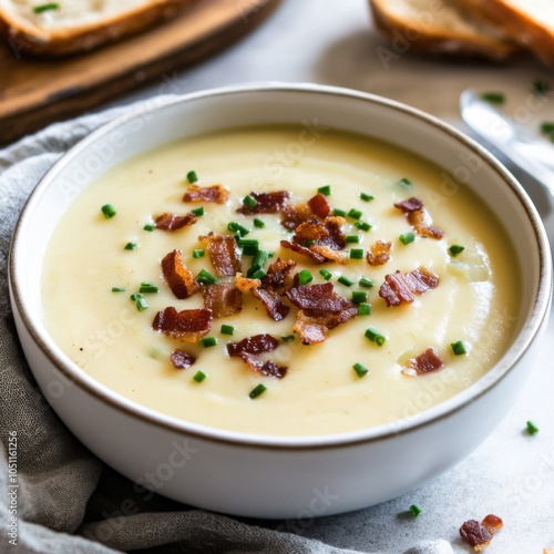 Wallpaper Mural A bowl of rich and creamy potato leek soup garnished with crispy bacon bits and chives, served in a white ceramic bowl, Potato leek soup centered Torontodigital.ca