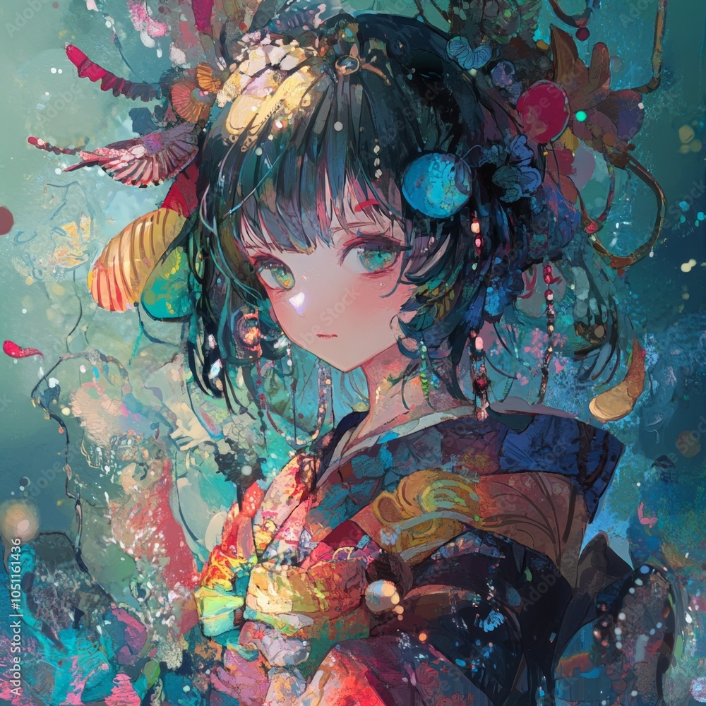 Anime girl with green eyes and black hair in traditional Japanese ...