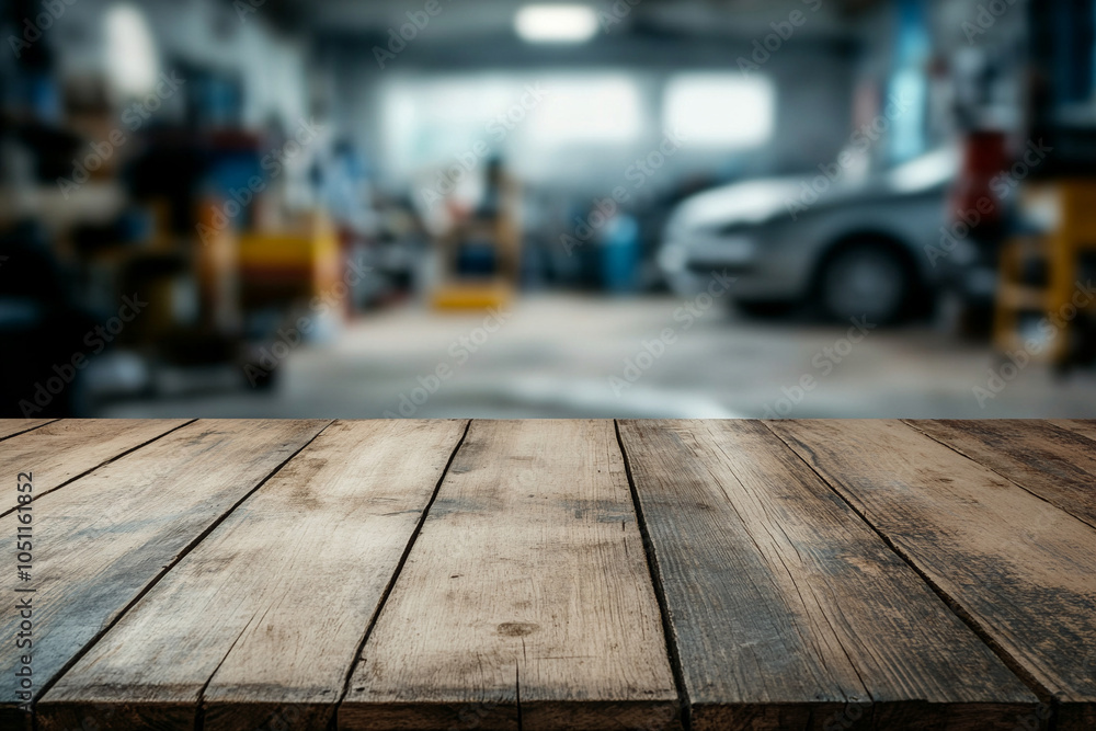 Rustic Wooden Table in a Modern Auto Repair Shop Rustic Wooden Table in a Modern Auto Repair Shop