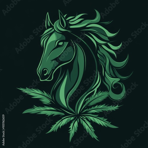 Green horse head with cannabis leaves on black background.