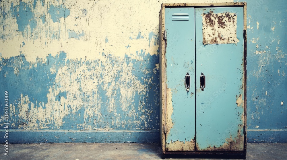 Blue metal locker is sitting in front of a wall Blue metal locker is sitting in front of a wall