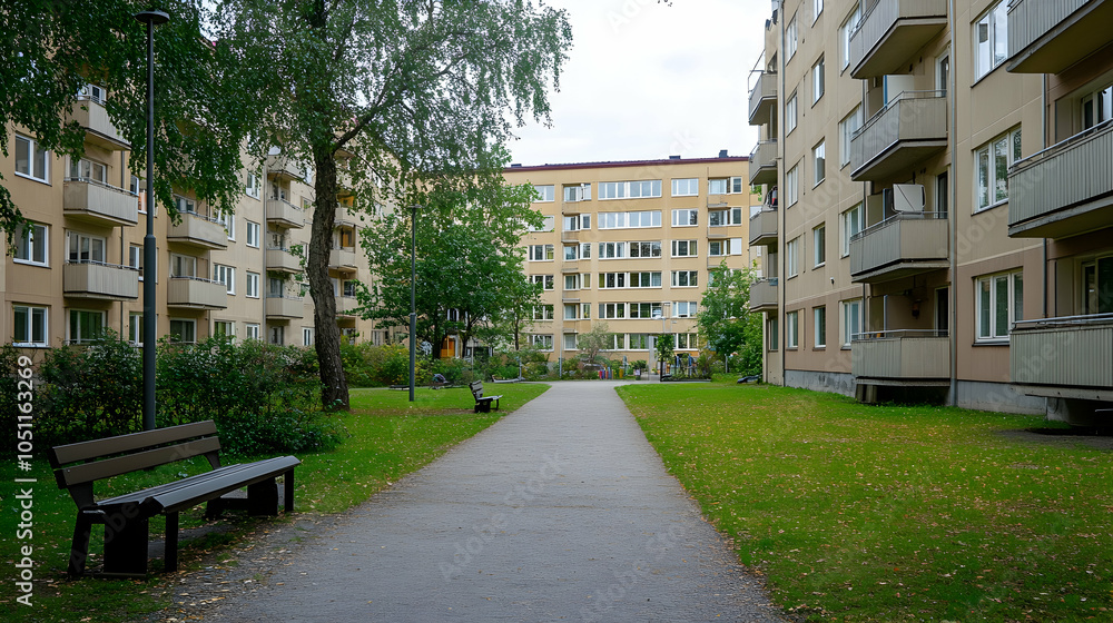 Tranquil Courtyard Path Between Apartment Buildings, walkway, bench, park, green, grass Tranquil Courtyard Path Between Apartment Buildings, walkway, bench, park, green, grass
