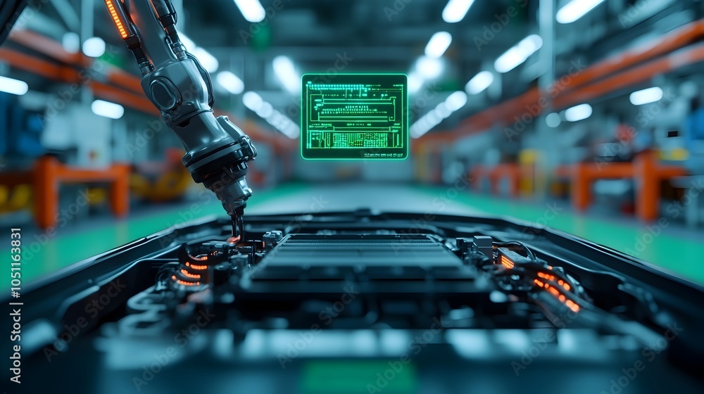 Robotic arm meticulously inspecting a car s battery surrounded by floating holographic diagnostic displays in a sleek minimalist metallic garage with neon green accents showcasing a futuristic Robotic arm meticulously inspecting a car s battery surrounded by floating holographic diagnostic displays in a sleek minimalist metallic garage with neon green accents showcasing a futuristic