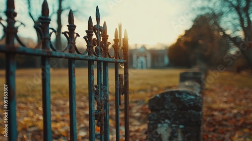 Rusty gate with spikes on it is in front of a house