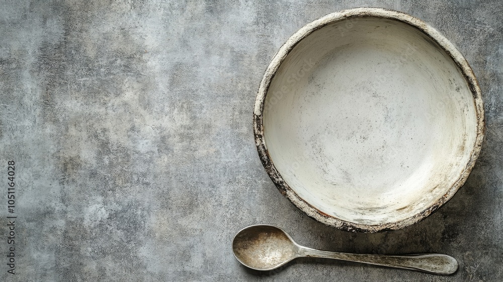 Bowl and spoon are on a grey countertop Bowl and spoon are on a grey countertop