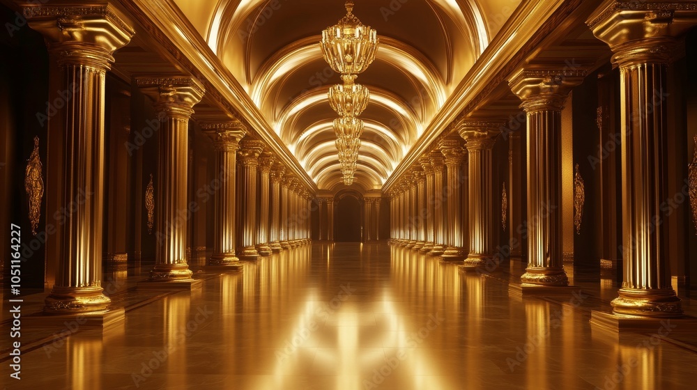 A grand, illuminated corridor featuring ornate columns and chandeliers, evoking elegance and luxury. A grand, illuminated corridor featuring ornate columns and chandeliers, evoking elegance and luxury.