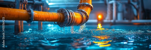 Water flowing through a large industrial pipe in a factory setting. photo