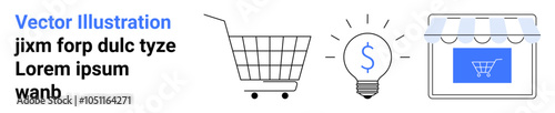 Shopping cart light bulb with dollar sign and store window with awning. Ideal for e-commerce online shopping business ideas and digital marketing. Banner for landing page