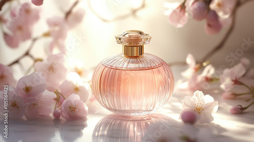 delicate pink floral perfume bottle with white flowers. A luxurious glass bottle