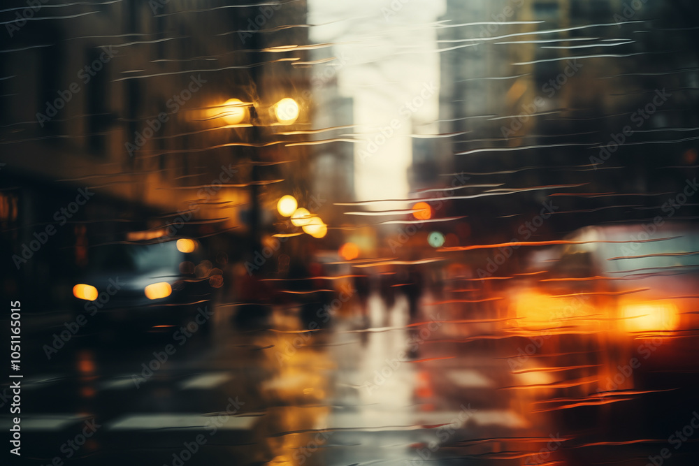 Blurred City Lights Through RainStreaked Window Blurred City Lights Through RainStreaked Window