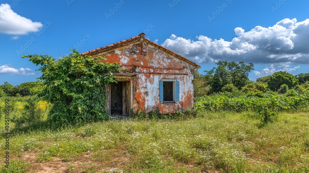 Small, old house with a white roof and a red exterior Small, old house with a white roof and a red exterior