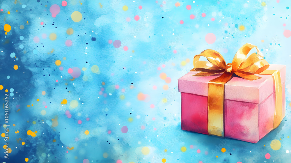 Watercolor Gift Box with Gold Ribbon on Blue Background, present, bow, celebration, birthday, anniversary Watercolor Gift Box with Gold Ribbon on Blue Background, present, bow, celebration, birthday, anniversary