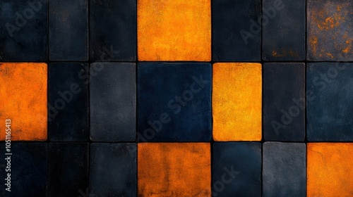 Retro Mosaic Tile Texture in Blue and Orange with Diamond Pattern - Vintage Aged Cement Ceramic Floor or Wall Background