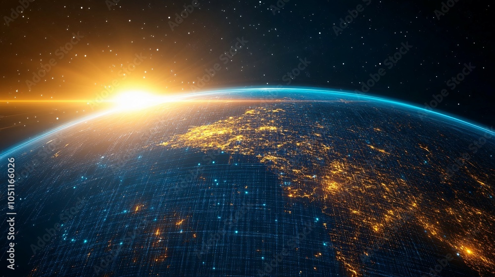 Fototapeta premium Digital Globe with City Lights and a Rising Sun