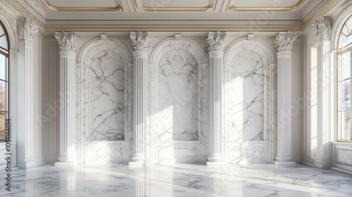 Elegant marble interior with tall columns and large windows, showcasing classic architectural design.