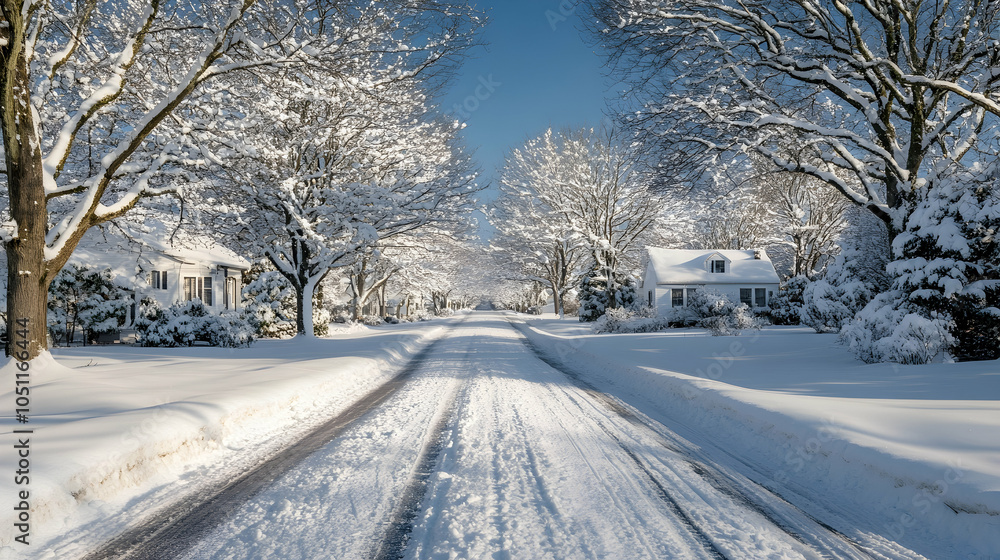 Snow-Covered Street in Winter Wonderland, road, houses, trees, branches, white Snow-Covered Street in Winter Wonderland, road, houses, trees, branches, white