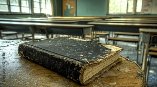 Book is on a table in a classroom