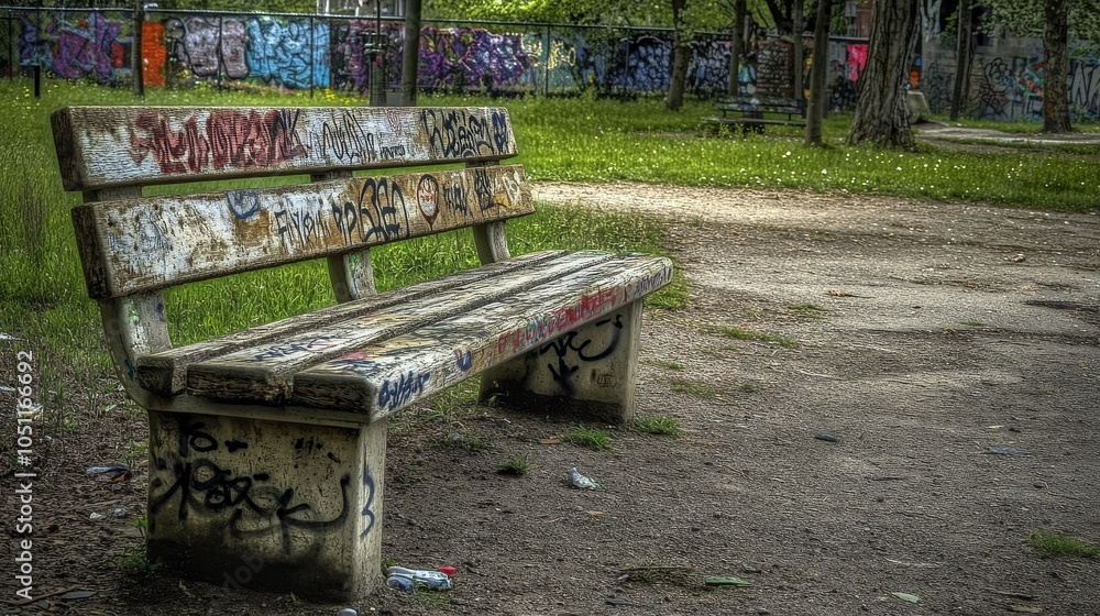 Fototapeta premium Bench with graffiti on it sits in a park