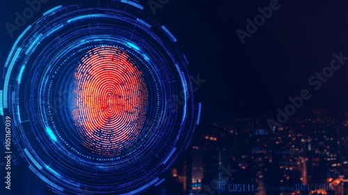 Abstract digital fingerprint surrounded by glowing technology elements. photo