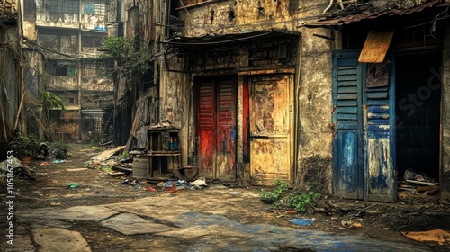Run down building with a red door and blue door