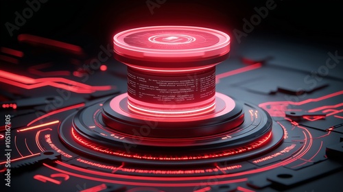 Futuristic glowing red control button on a digital background.