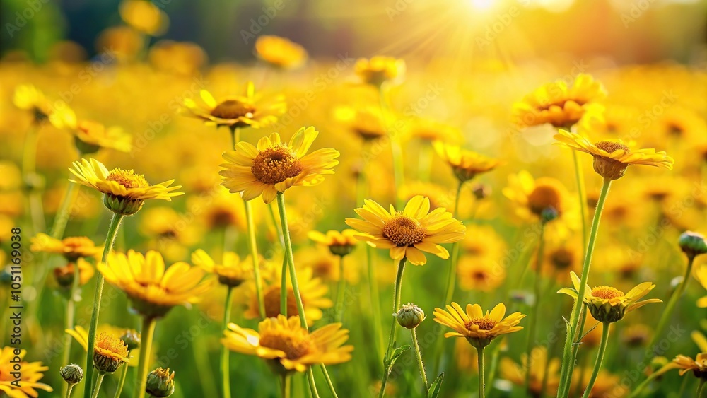 Obraz premium Vibrant yellow flowers in a summer meadow macro shot