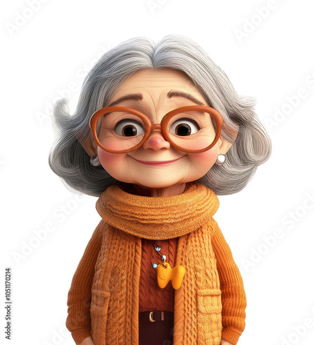 Cheerful grandmother in 3D cartoon style, wearing glasses and cozy scarf, exuding warmth and happiness. This character embodies friendly and inviting personality on transparent background