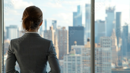 Professional businesswoman gazing at city skyline through a large window.