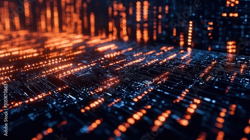 Abstract digital technology background with shimmering lights and patterns representing data flow.