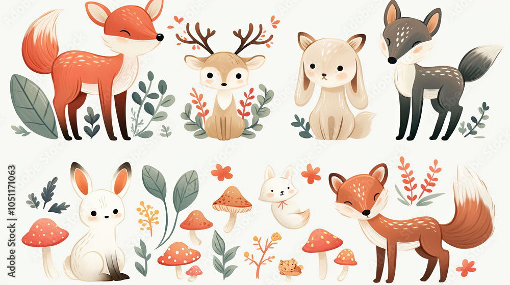 Obraz premium Illustrations of small animals in the forest, including deer, foxes, and rabbits