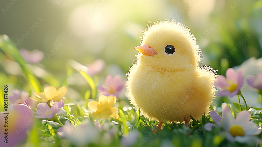 Cute Chick in a Field of Flowers, chicken, baby chick, baby chicken, fluffy, yellow chick Cute Chick in a Field of Flowers, chicken, baby chick, baby chicken, fluffy, yellow chick