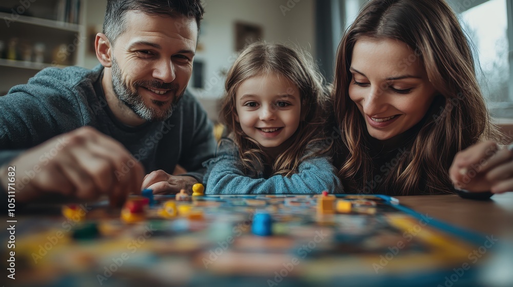 Fototapeta premium Family playing a board game together, joyful expressions, indoor setting.