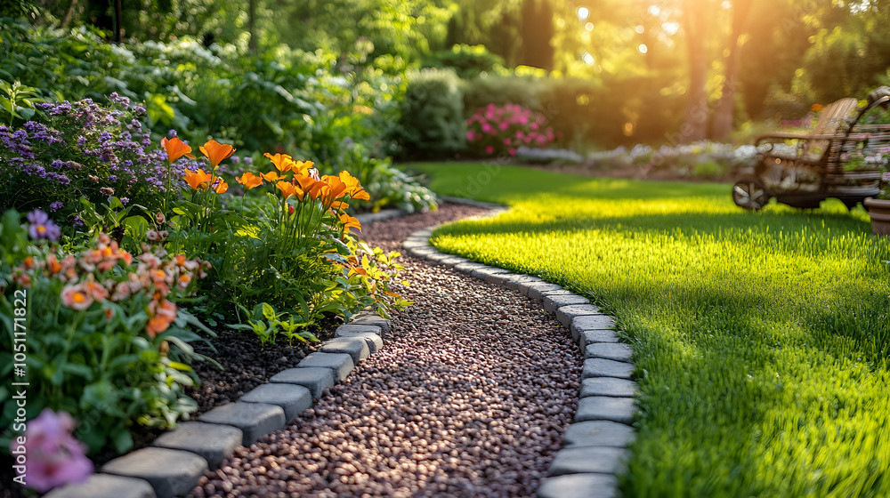 Obraz premium Stone Path Through Lush Summer Garden, garden path, gravel path, walkway, green grass, lush garden