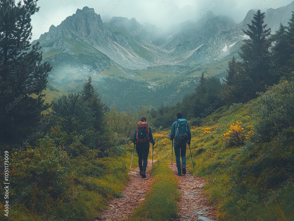 Obraz premium Two hikers walking on a scenic mountain trail surrounded by lush greenery.