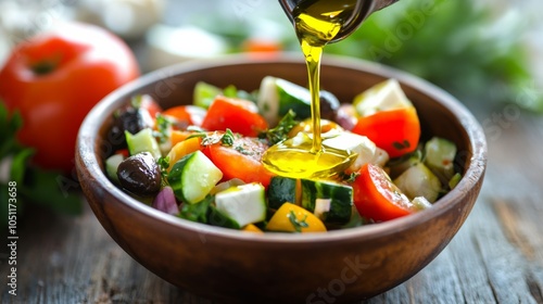 Fresh Salad with Olive Oil Drizzle Overhead Shot