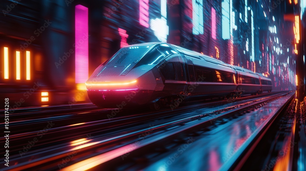 Fototapeta premium A futuristic train is traveling down a track in a city at night