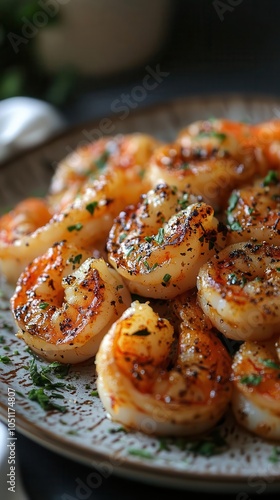 closeup of a beautifully plated dish featuring succulent cooked shrimp seasoned with exquisite herbs resting on a stylish plate celebrating culinary artistry and flavor