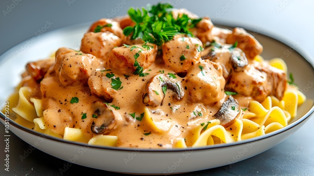 Comforting and Flavorful Homemade Beef Stroganoff Dish with Creamy Mushroom Sauce Tender Egg Noodles and Fragrant Parsley Garnish Comforting and Flavorful Homemade Beef Stroganoff Dish with Creamy Mushroom Sauce Tender Egg Noodles and Fragrant Parsley Garnish