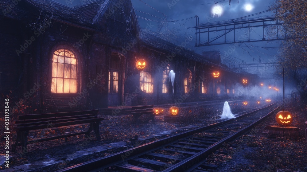 Fototapeta premium Spooky Train Station on a Halloween Night