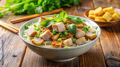 Vietnamese cuisine with cao lau noodles, pork, fresh greens, and crispy croutons photo