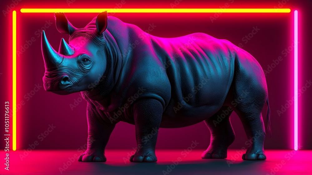 Fototapeta premium A powerful rhinoceros charges through a neon lit futuristic savannah in a high detail 3D cyberpunk inspired landscape leaving glowing dust trails in its wake