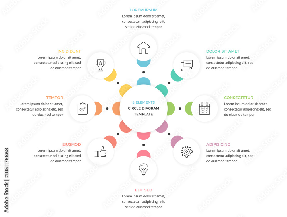 Fototapeta premium Circular diagram with 8 elements, infographic template of a process with 8 stages, vector eps10 illustration