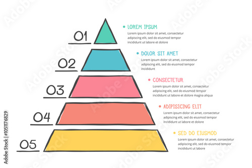 Hand drawn pyramid with five segments, doodle infographics, vector eps10 illustration