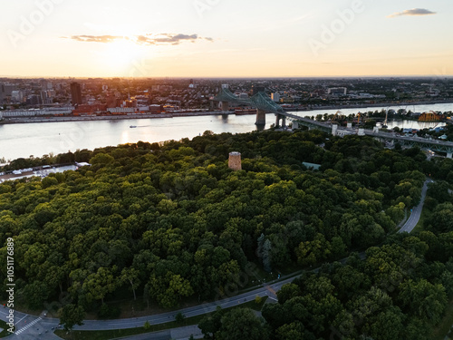 Drone view of the Park Jean-Drapeau, with the downtown of Montreal in the background. Quebec, Canada photo