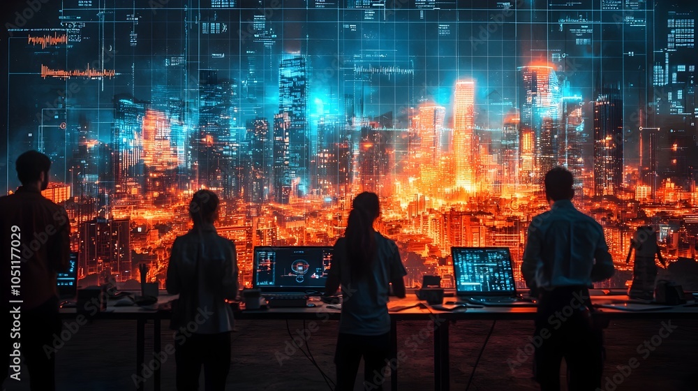 Architects collaborating in a digital studio designing a futuristic urban landscape on a massive holographic projection Architects collaborating in a digital studio designing a futuristic urban landscape on a massive holographic projection