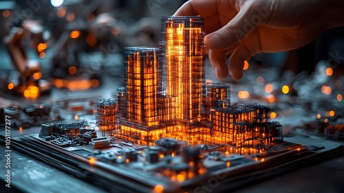 Futuristic architectural scene depicting a 3D printed building emerging from a robotic assisted construction site photo