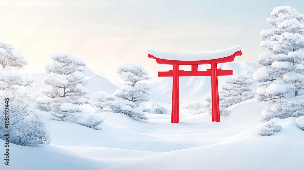 A serene winter landscape featuring a red torii gate amidst snow-covered trees and mountains. A serene winter landscape featuring a red torii gate amidst snow-covered trees and mountains.